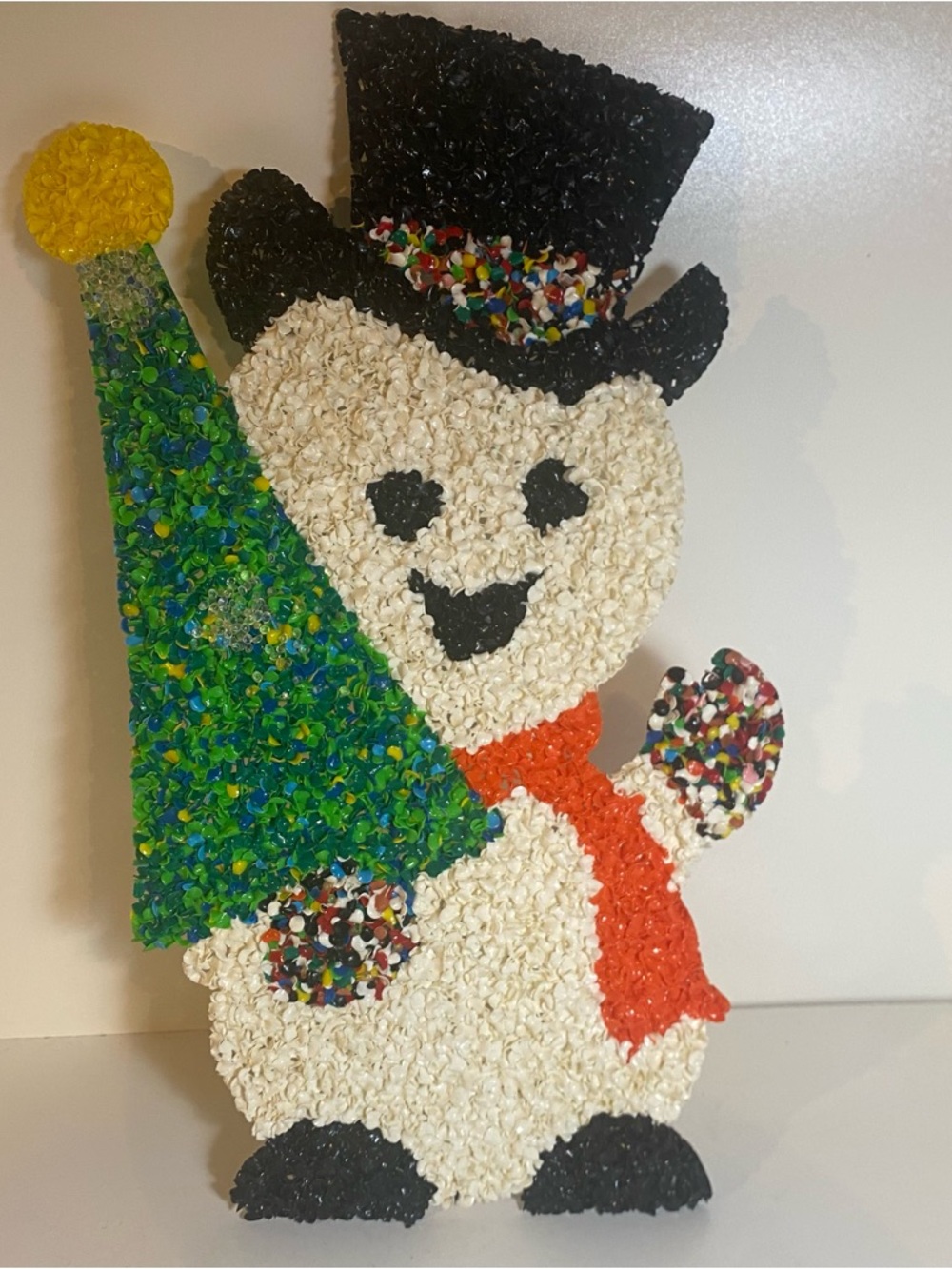 Vintage Melted Plastic Popcorn Holiday Snowman With Christmas Tree